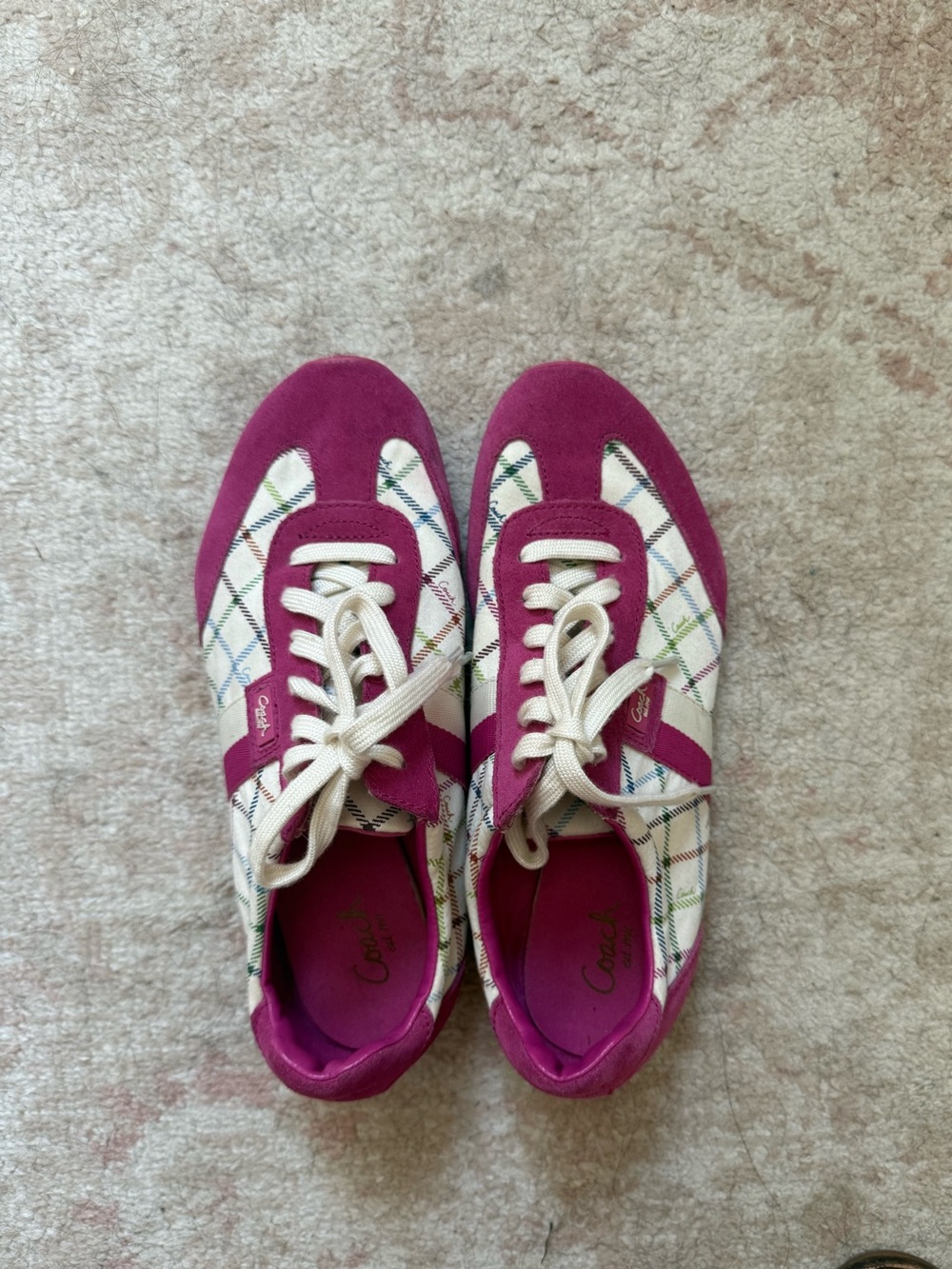 Vintage Y2K Coach Women's Pink Plaid Lace-Up Sneakers